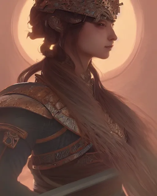 Image similar to Portrait of a female knight, japanese face features, dark fantasy, intricate, elegant, highly detailed, digital painting, artstation, concept art, smooth, sharp focus, illustration, art by Sam Youn and Fernanda Suarez and Artem Demura and alphonse mucha