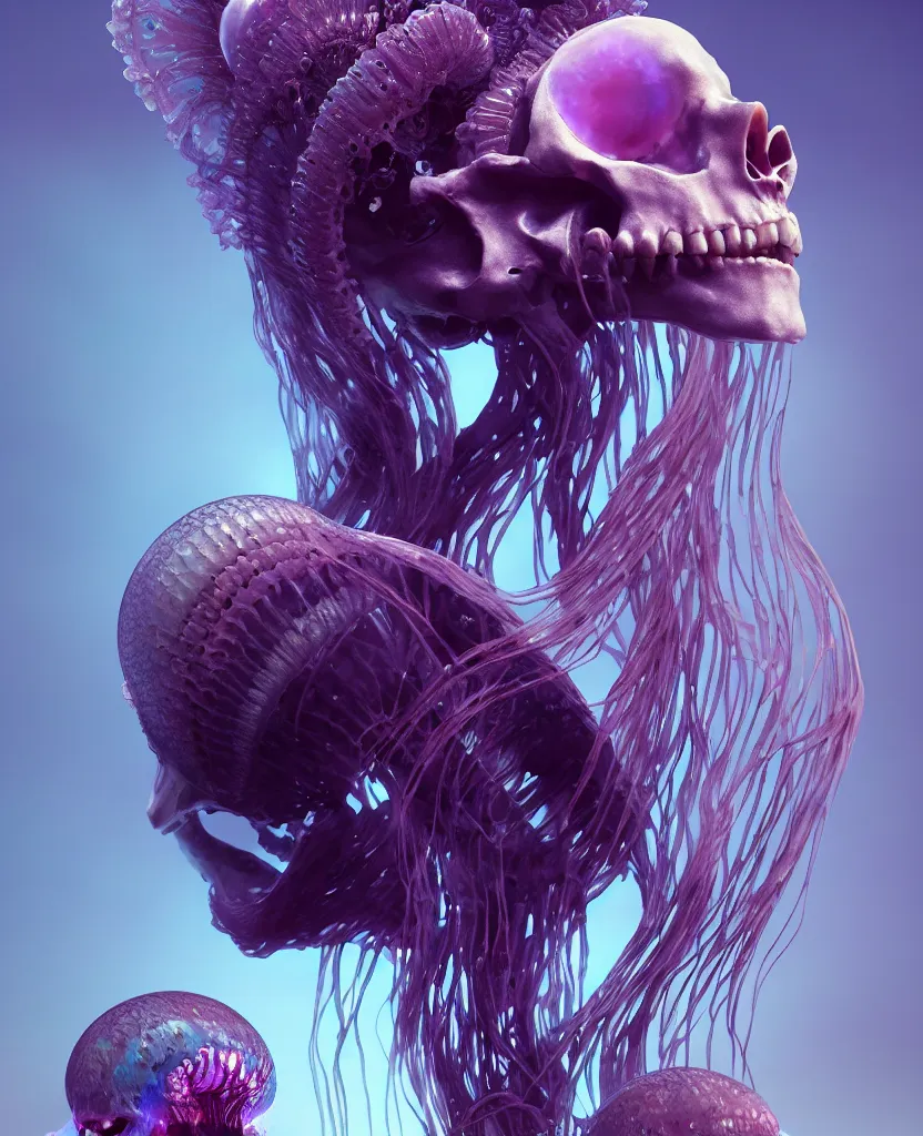 Image similar to goddess close - up portrait human skeleton, ram skull, jellyfish, orchid, betta fish, bioluminiscent, intricate artwork by tooth wu and wlop and beeple. octane render, trending on artstation, greg rutkowski very coherent symmetrical artwork. cinematic, hyper realism, high detail, octane render, 8 k