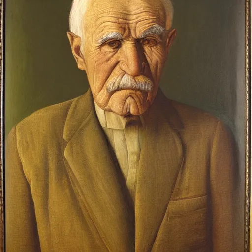 Prompt: portrait of old man by Grant Wood, on simple background, oil painting, middle close up composition