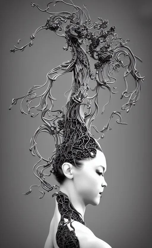 Image similar to black and white complex 3d render of 1 beautiful profile woman porcelain face, vegetal dragon cyborg, 150 mm, sinuous silver metallic ghost orchid flower stems, roots, leaves, fine lace, maze-like, mandelbot fractal, anatomical, facial muscles, cable wires, microchip, elegant, highly detailed, black metalic armour with silver details, rim light, octane render, H.R. Giger style, David Uzochukwu