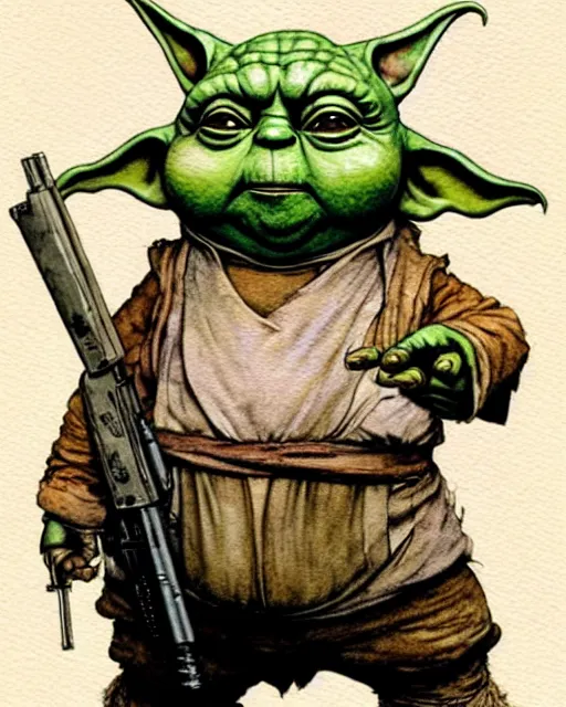 Image similar to a realistic and atmospheric watercolour fantasy character concept art portrait of a fat adorable dirty chibi yoda wearing a wife beater and holding a handgun, by rebecca guay, michael kaluta, charles vess and jean moebius giraud