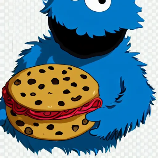 Image similar to cookie monster holding a light samer, anime style.