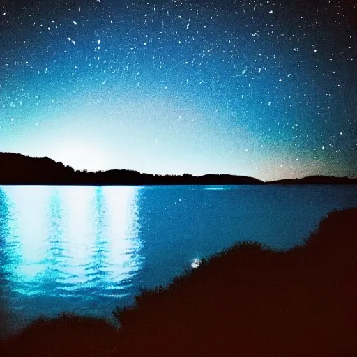 Image similar to “dark blue lake at night with tiny island being illuminated by moonlight, stars in sky”