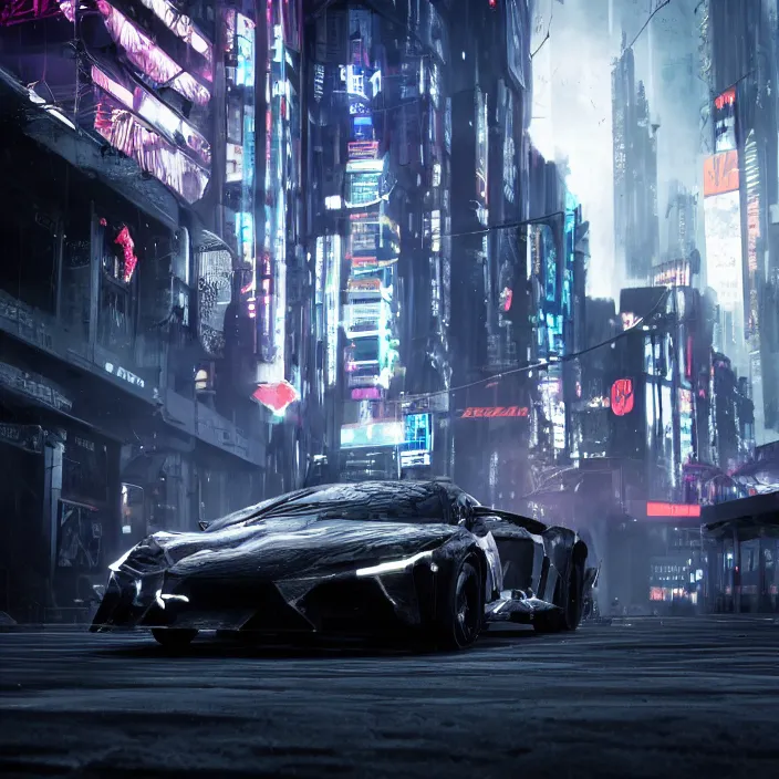 Image similar to dark cyberpunk car lamborgini counatch, in drak style cyberpunk city, by neill blomkamp director film, extreamly detailed, photorealism, photography, raytracing, 8 k, octane render, hyperrealism, perfect composition, art top in artstation, by chris labrooy, rendered in rtx, ssao, fxaa, unreal engine