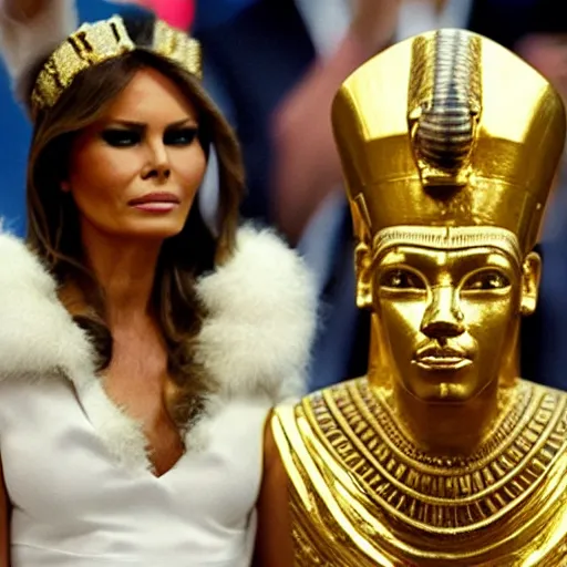 Prompt: donald and melania trump as egyptian pharaoh and queen, elegant, majestic, powerful, pyramids, anunaki, hieroglyphs, lush, rainforest, river, green, river god, wilbur smith, gold, trump tower