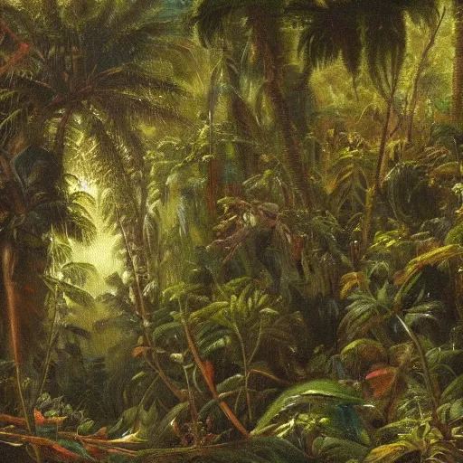 Prompt: an oil painting of a treasure lost in a lush rainforest