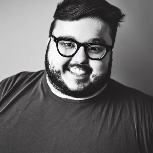 Prompt: portrait of a young chubby bearded man with glasses and characteristic hairstyle, black and white photography, 4K