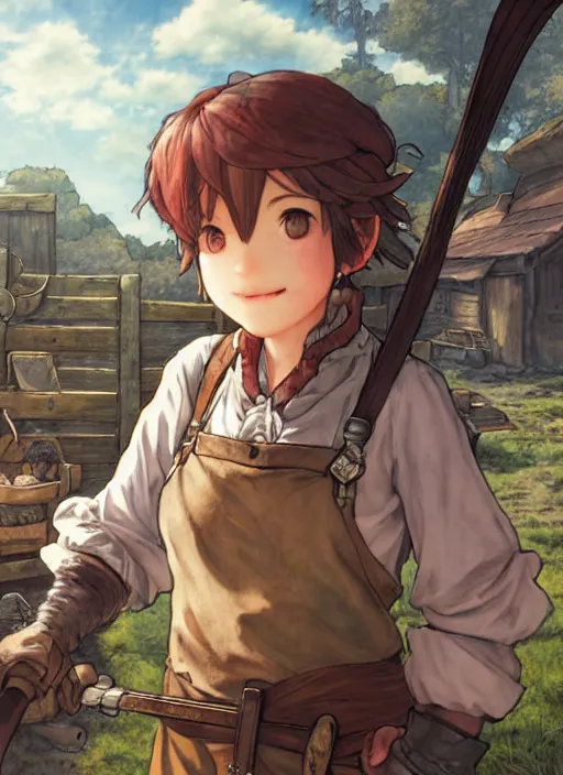 Image similar to character portrait of a blacksmith tomboy at the smithy, hidari, color page, tankoban, 4K, tone mapping, Akihiko Yoshida.