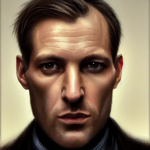 Image similar to Portrait of a man by Greg Rutkowski, he is about 40 years old, mixture between russian and irish, side parted combover brown hair, attractive, NARROW very very very very sharp face ANGULAR hawkish facial features, hooked nose , extremely pale white skin, smart looking, he is wearing a black trenchcoat, highly detailed portrait, scifi, digital painting, artstation, concept art, smooth, sharp foccus ilustration, Artstation HQ