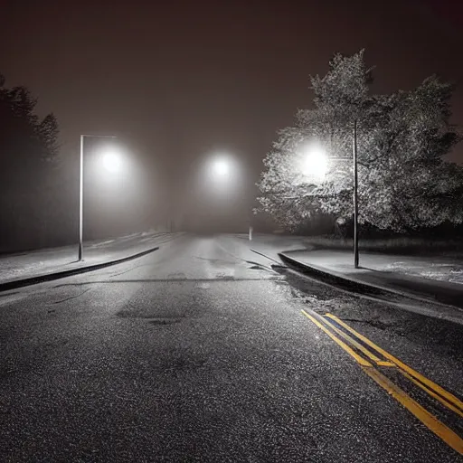 Image similar to A stunningly beautiful award-winning 8K high angle close up cinematic movie photograph of a spooky foggy empty lightless moonlit main intersection in an abandoned 1950s small town at night. perfect composition, shot from roofline, moody low key backlit. Color palette from Seven, greens yellows and reds. 2 point perspective, high angle from 15 feet off the ground. Octane render