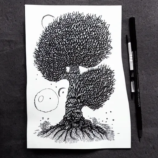 Image similar to black and white ink doodle illustration of an ancient tree floating in outer space, overgrown with funghi, style by peter deligdisch, peterdraws