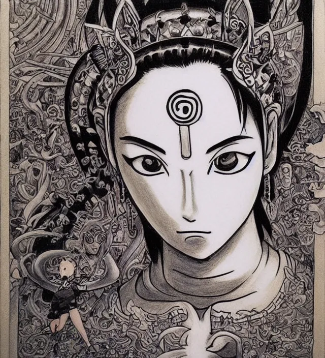 Image similar to buddhist taoist drawing painting mural of a beautiful girl portrait in miyazaki toriyama escher gantz onepunchman style detailed trending award winning