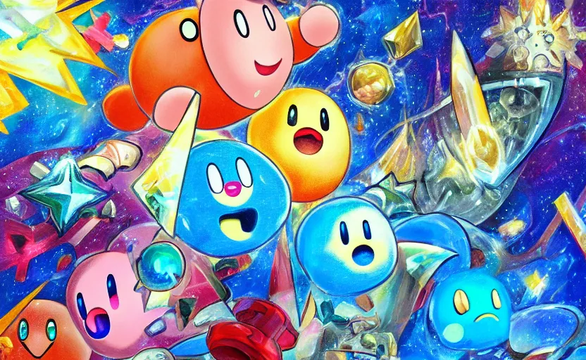 Prompt: Kirby and the crystal shards, digital painting, expressionistic, intricate detail, meticulous brush strokes, genius composition, masterpiece, work of art, 4k wallpaper