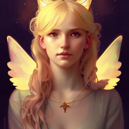 Image similar to Portrait of a girl angel with blonde hair, cat ears, glowing halo, wings, fantasy, intricate, elegant, highly detailed, digital painting, artstation, concept art, smooth, sharp focus, illustration, art by Krenz Cushart and Artem Demura and alphonse mucha