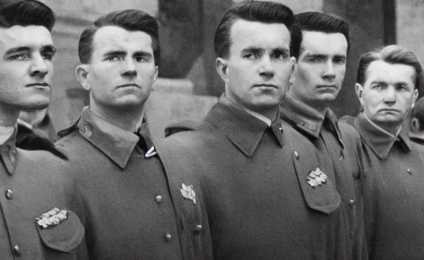 Prompt: 50s movie still close-up portrait of three soviet officers with very detailed faces in a stalinist style hall, by Angust Sander, Cinestill 800t 35mm black and white, heavy grainy picture, very detailed, high quality, 4k, HD criterion, precise texture, diverse faces, diverse haircuts, diverse ages, each faces precisely define