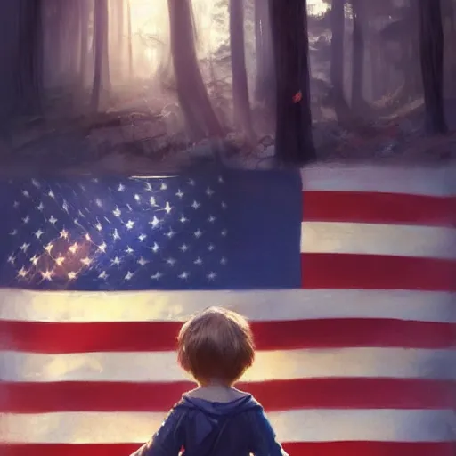 Image similar to child's hand holding a very tiny american flag in the forest, digital art by ruan jia and mandy jurgens and artgerm, highly detailed, trending on artstation, award winning