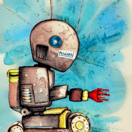 Image similar to a children's book watercolor illustration of a broken robot