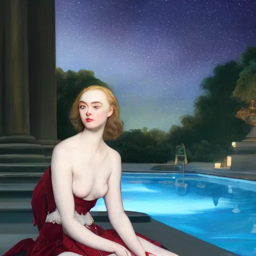 Image similar to leyendecker and peter paul rubens, head and shoulders portrait of a elle fanning, nighttime, at the pool, starry sky, unreal engine, fantasy art by global illumination, radiant light, detailed and intricate environment