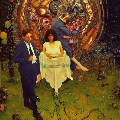 Prompt: a beautiful portrait of two lovers wearing a suit made of nervous system, channeling third eye energy, surrounded by a background of cyber mystic garden of earthly delights, painting part by wojciech siudmak, part by ilya repin, part by norman rockwell, artstation