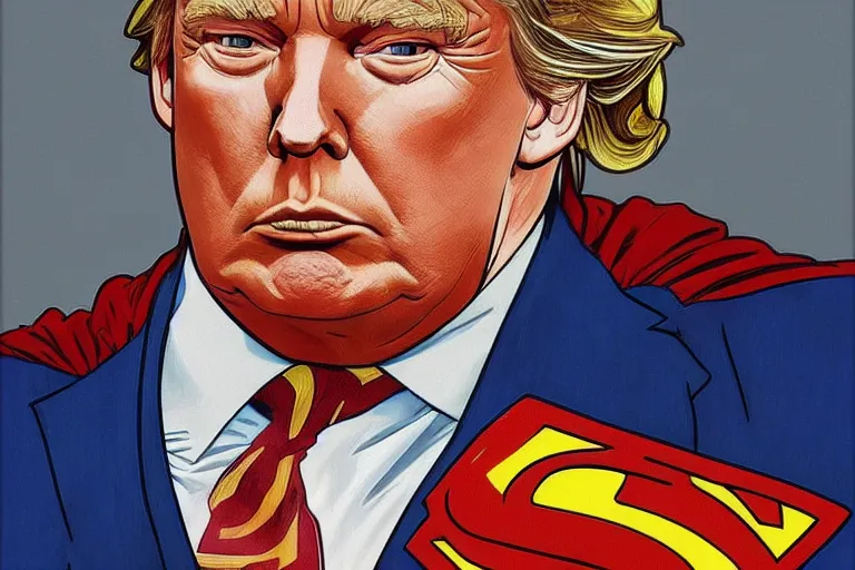 Image similar to donald trump as superman, detailed portrait, realism, 4 k, art by greg rutkowski, alphonse mucha, artistic, trending on artstation, beautiful mural