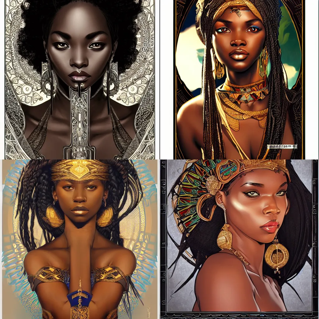 Prompt: black african princess, symmetric, highly detailed, concept art, intricate, sharp focus, illustration, artgerm, rutkowski, alphonse mucha