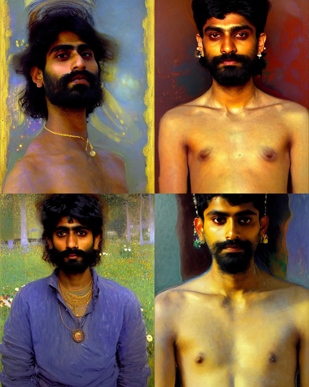 Prompt: a beautiful portrait of a 2 5 years old spaced out indian stoner boy, 1 9 9 0 s, head and upper body only, by john singer sargent, by gustav klimt, by greg rutkowski, oil on canvas, trending on artstation, masterpiece, brilliant cold lighting, detailed, 8 k