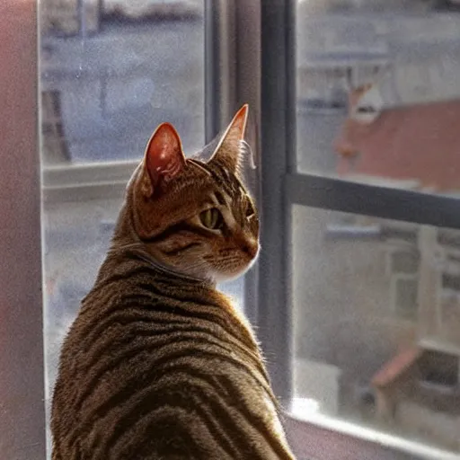 Image similar to a tabby cat looking trought the window, at a nuclear exlosion, realistic photo