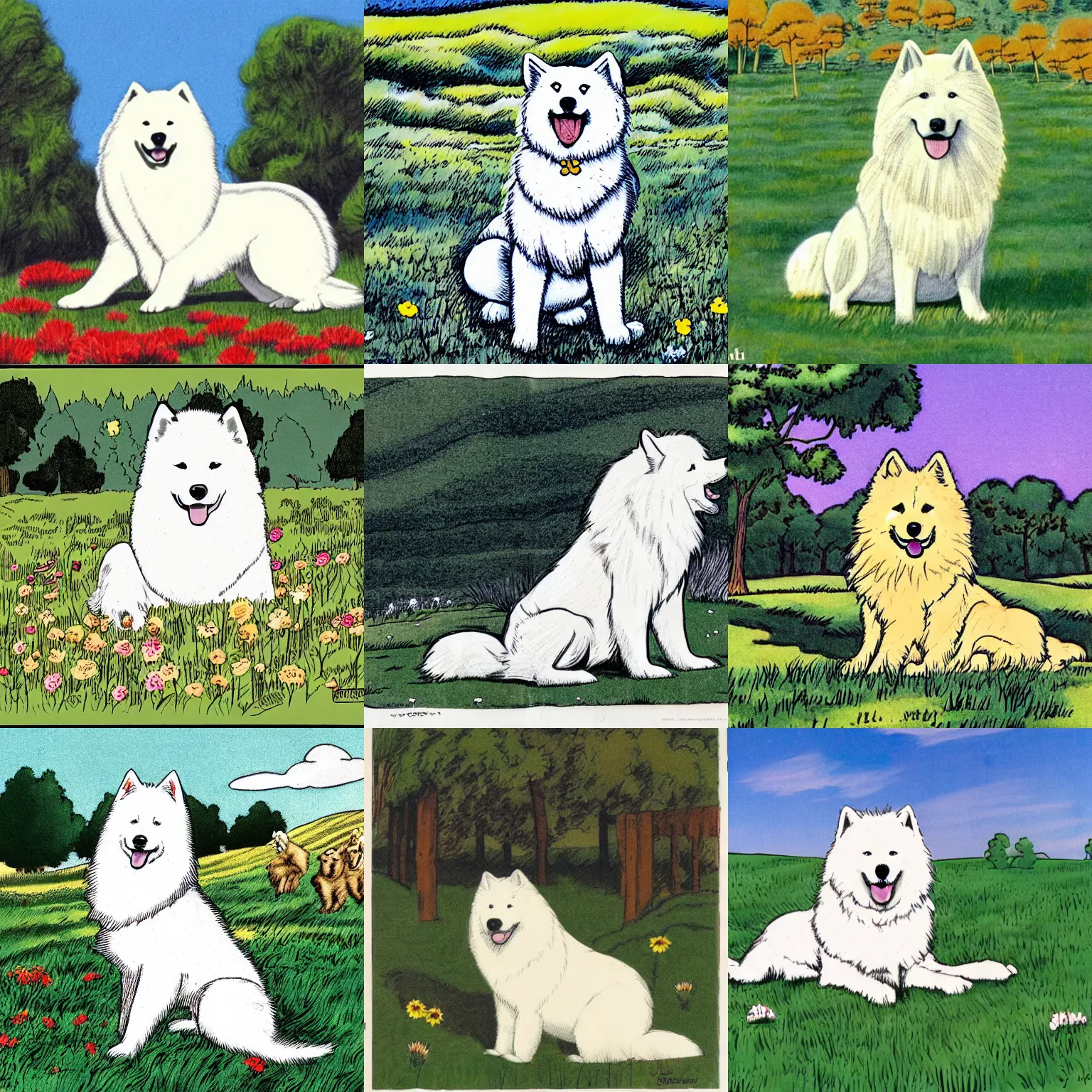 Prompt: a samoyed dog sitting in the middle of sunny meadow, colored, by Gil Kane