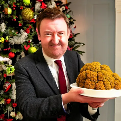 Prompt: David Mitchell admiring traditional christmas cauliflower