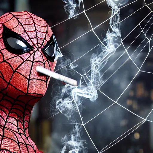 Prompt: a real photography of spiderman smoking a marihuana cigarette, highly detailed picture, marvel movies style, cryengine, playstion 5 screen, cinematic, unreal engine