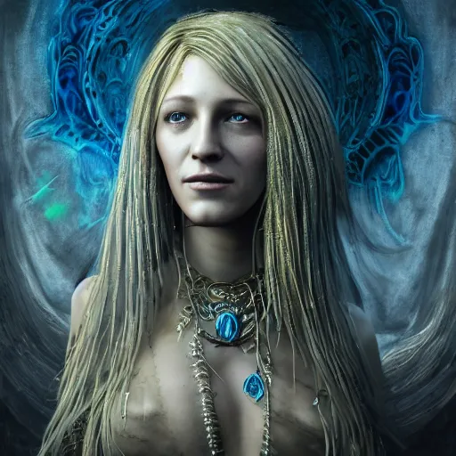 Image similar to priestess of the damned, blake lively, 8 k resolution, concept art, detailed matte painting, eldritch, unreal engine, gustave dore, detailed painting, maximalist, 4 k, 8 k resolution, 3 d shading, rendered in blender, astral aurora, hyperdetailed, intricate, polished