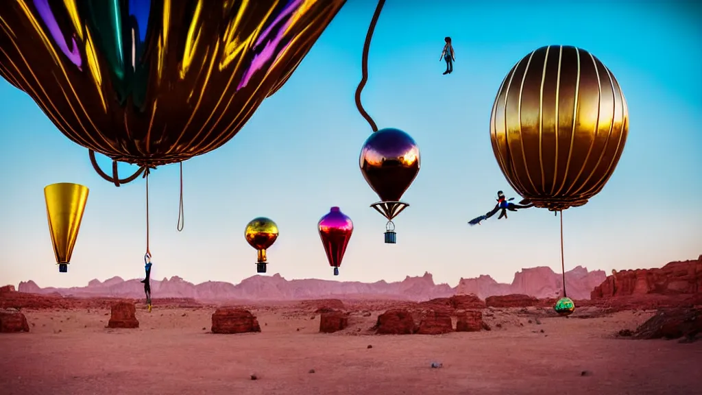 Image similar to large colorful futuristic space age metallic steampunk balloons with pipework and electrical wiring around the outside, and people on rope swings underneath, flying high over the beautiful ancient desert city landscape, professional photography, 8 0 mm telephoto lens, realistic, detailed, photorealistic, photojournalism