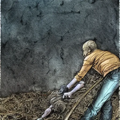 Prompt: a man digging up a dead body, subtle blue, orange, and dark green tones, high quality, high detail, dark colors, sinister atmosphere, dramatic lighting, cinematic, establishing shot, extremely high detail, photo realistic, cinematic lighting, pen and ink, intricate line drawings, by Yoshitaka Amano, Ruan Jia, Kentaro Miura, Artgerm, post processed, concept art, artstation, matte painting, style by eddie mendoza, raphael lacoste, alex ross, album artwork