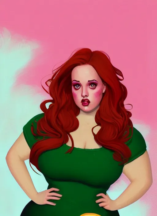 Image similar to full body portrait of teenage cheryl blossom, obese, bangs, green eyes, sultry expression, red hair, sultry smirk, bangs and wavy hair, pink skirt, fat, intricate, elegant, glowing lights, highly detailed, digital painting, artstation, concept art, smooth, sharp focus, illustration, art by wlop, mars ravelo and greg rutkowski