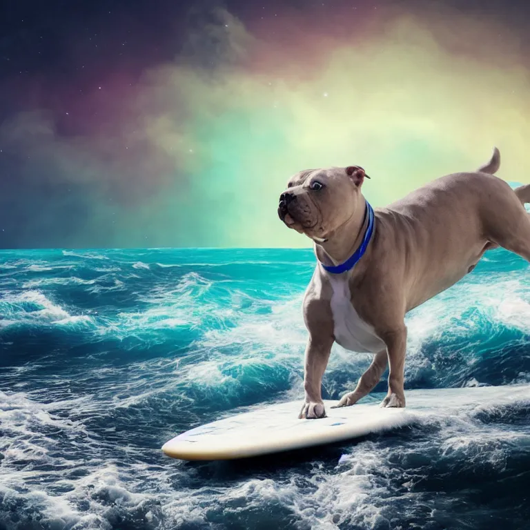 Image similar to photo of a female pit bull with a gray coat and white paws, surfing on a surfboard in a crashing wave of alien ocean in space, background is an alien galaxy, aliens in the background, alien colors, octane render, unreal engine, wide view, 8 k, high detaild