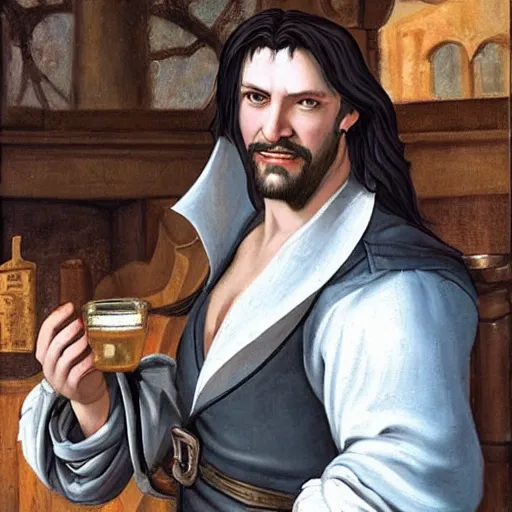 Image similar to Beautiful renaissance style painting of Trevor Belmont from Castlevania, enjoying a pint of ale at a tavern, HDR, happily smiling at the camera, holding the pint of ale, sitting at the bar, warm lantern lighting.