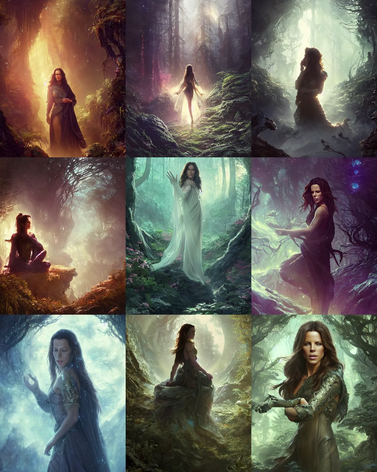 Prompt: a kate beckinsale as dnd thief meditating in a nebula forest by greg rutkowski, high key lighting, volumetric light, digital art, highly detailed, fine detail, intricate, ornate, complex, octane render, unreal engine, photorealistic digital painting, artstation, concept art, sharp focus, art by greg rutkowski and alphonse mucha