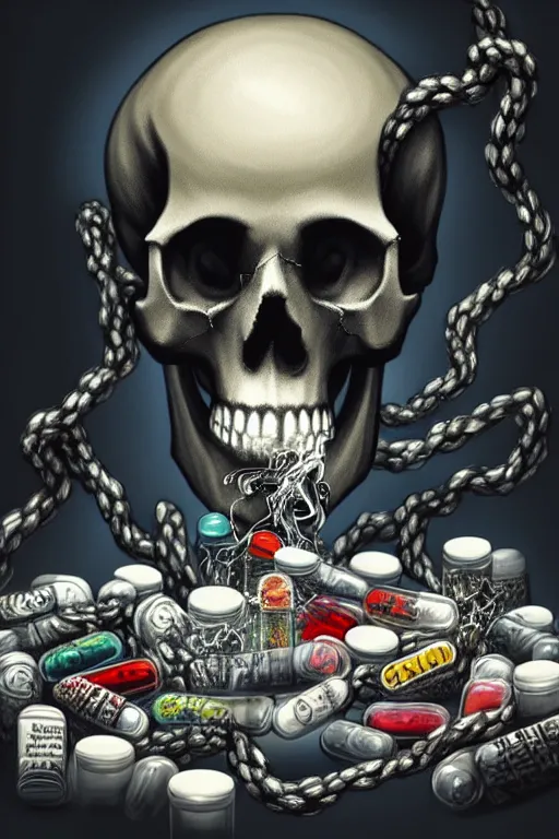 Image similar to pile Off pills and a skull on the table, skull made out of smoke coming out of pills, fantasy, intricate, elegant, highly detailed, digital painting, artstation, concept art, addiction, chains, backround as room full of garbage, smooth, sharp focus, illustration, art by Ilja Repin