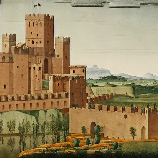 Prompt: a castle with many storey and towers in a serene landscape, by giotto