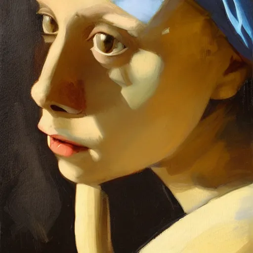 Image similar to greg manchess portrait painting of the girl with the pearl earring with the face of mona lisa, medium shot, asymmetrical, profile picture, organic painting, sunny day, matte painting, bold shapes, hard edges, street art, trending on artstation, by huang guangjian and gil elvgren and gerald brom