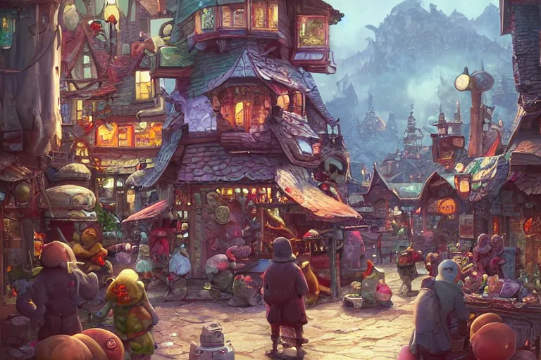 Image similar to bustling alien market cozy fantasy village street view by artgerm and Craig Mullins, James Jean, Andrey Ryabovichev, Mark Simonetti and Peter Morbacher 16k