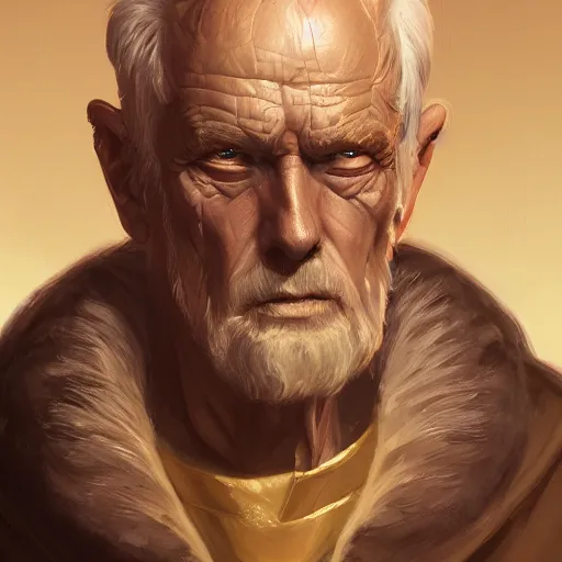 Prompt: a painted portrait of a tall old man with red eyes in a golden suit, D&D, sci-fi, elegant, hopeful, muscular, highly detailed, digital painting, artstation, concept art, smooth, sharp focus, illustration