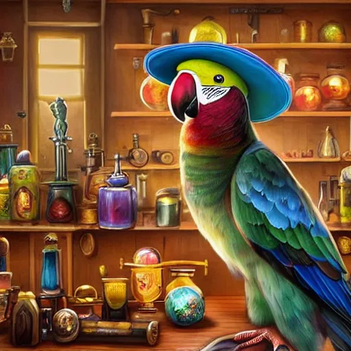 Prompt: Anthropomorphized parrot trader in his shop, medium shot, hands on counter, items, weapons, magic potions, trinkets, carpet, lamps, window, fancy hat, warm light, sly expression, cunning expression, cute expression, long thick shiny black beak, D&D, fantasy, cinematic lighting, highly detailed, digital painting, artstation, concept art, smooth, sharp focus, illustration, warm light, cozy warm tint, strong colours, magic the gathering artwork, volumetric lighting, 8k, art by Akihiko Yoshida, Thomas Kinkade, Greg Rutkowski