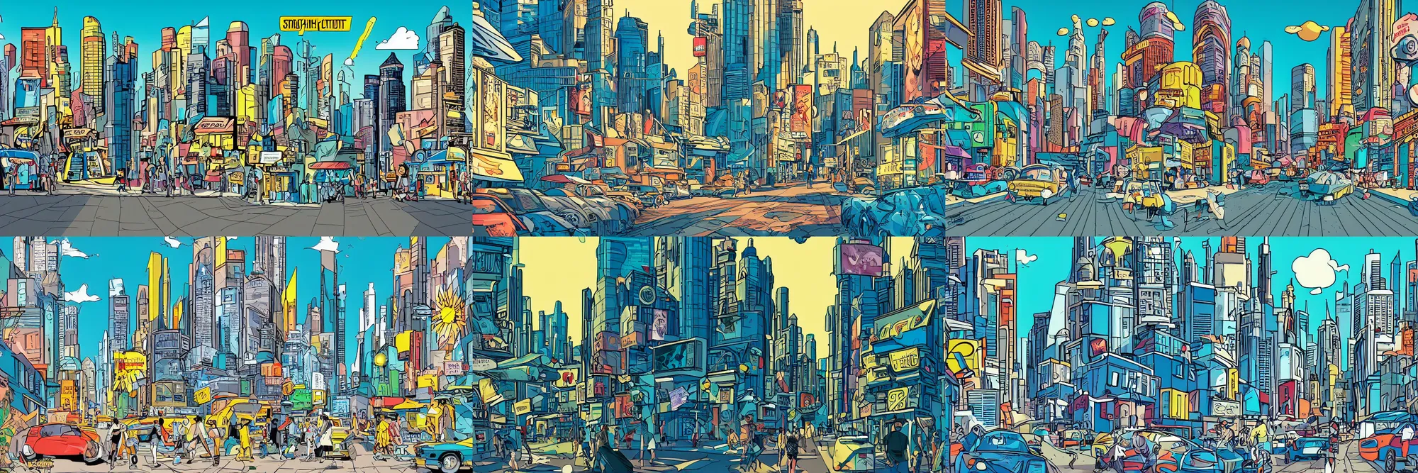 Prompt: comic book background of a bright sunny futuristic city street