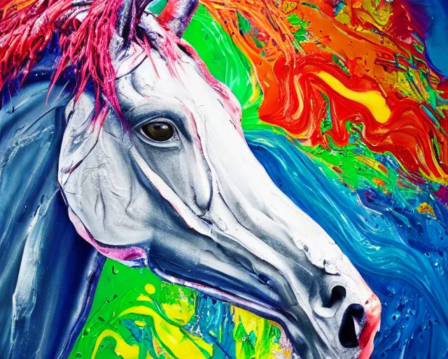 Prompt: abstract expressionist portrait of a horse head made of very thick impasto paint and acrylic pour and coloured powder explosion and splashing paint and dripping paint and flying paint chunks, motion blur, hyperrealistic, intricate art photography, anatomically correct, realistic crisp textures, 1 6 k