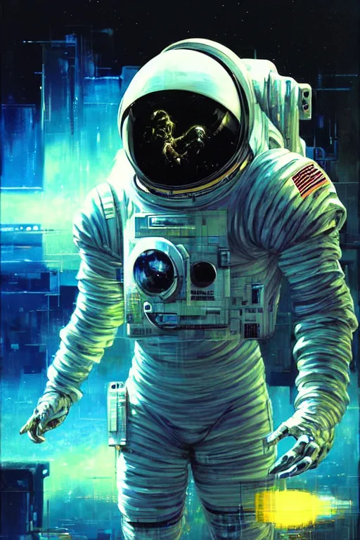 Image similar to a futuristic cybernatic astronaut, led lights, painting by greg ruthowski, alphonse murac, yoji shinkawa, john berkey, wlop, craig mullins, collaborative artwork, exquisitely high quality and detailed