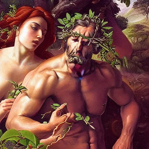 Image similar to Close-up of God being angry in the Garden of Eden. Adam and Eve look very guilty- elegant, highly detailed, centered, Artgerm