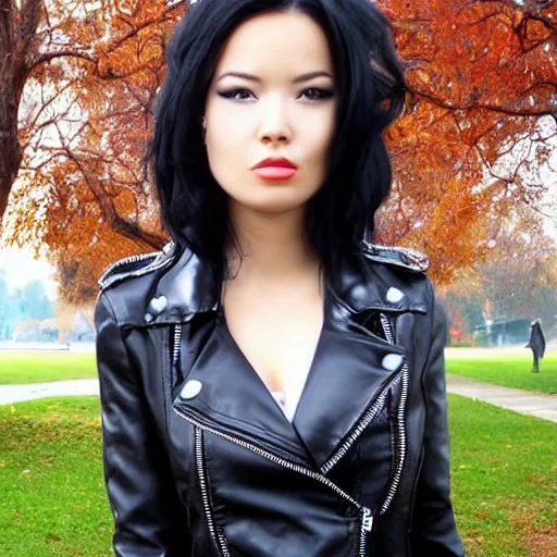 Image similar to woman with black hair and a leather jacket in a beautiful park, art by artgerm