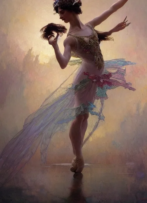 Image similar to a beautifull intricate gemstone painting of a dancing ballerina, reflexions, verry high details by william turner art, greg rutkowski and alphonse mucha, trending on artstation, very very detailed, masterpiece, muted colors