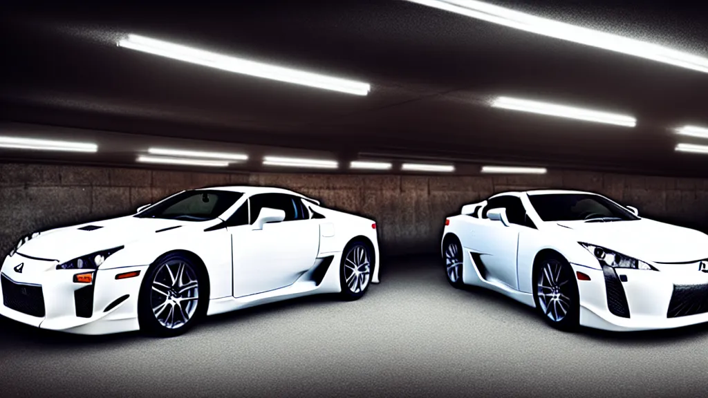 Image similar to a three quarter shot of a lexus lfa in a parking garage, 4k, hyper realistic, car photography